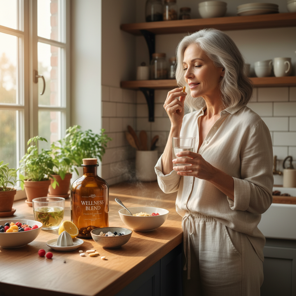 Older woman taking a daily supplement with water at kitchen counter during morning wellness routine