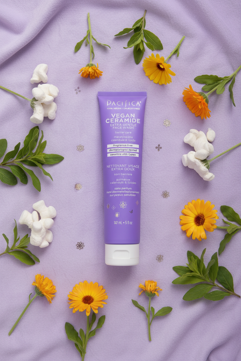 Pacifica Vegan Ceramide Face Wash flat lay on lavender background with marshmallow root and calendula flowers