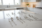 Bright modern kitchen display showing an organized 20-piece mirror-finish flatware service for four arranged neatly on white marble