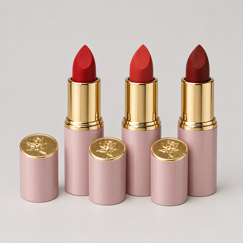 Three Mary Kay Lasting Color lipstick shades with pink cases and gold rose caps on gray background
