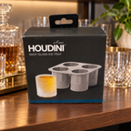 AI-generated bar shelf scene of the boxed Houdini four-cavity shot glass ice tray.