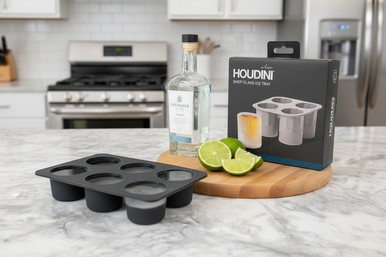 Houdini Shot Glass Ice Tray silicone mold on kitchen counter with tequila and lime - More4less Outlet