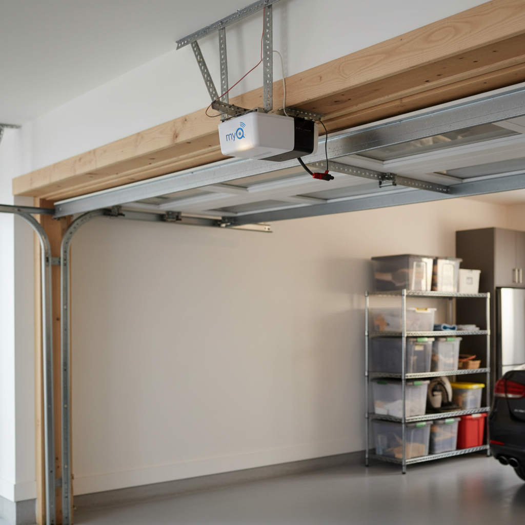 Chamberlain MyQ Smart Garage Hub installed on interior garage ceiling frame near opener motor with door sensor mounted on frame and soft garage lighting