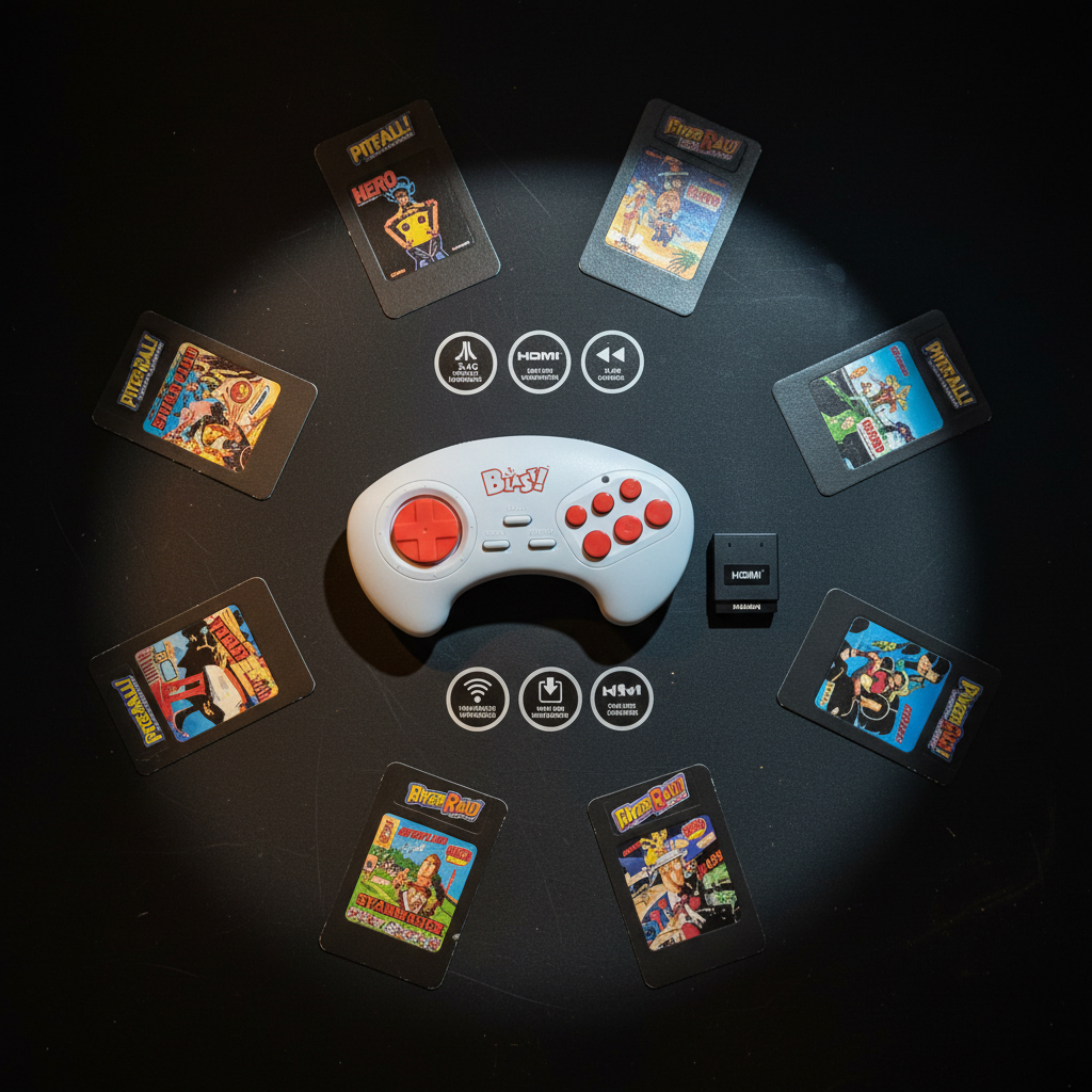 AtGames Activision Flashback Blast wireless controller flat lay on dark gaming desk with retro game art cards — More4less Outlet lifestyle image