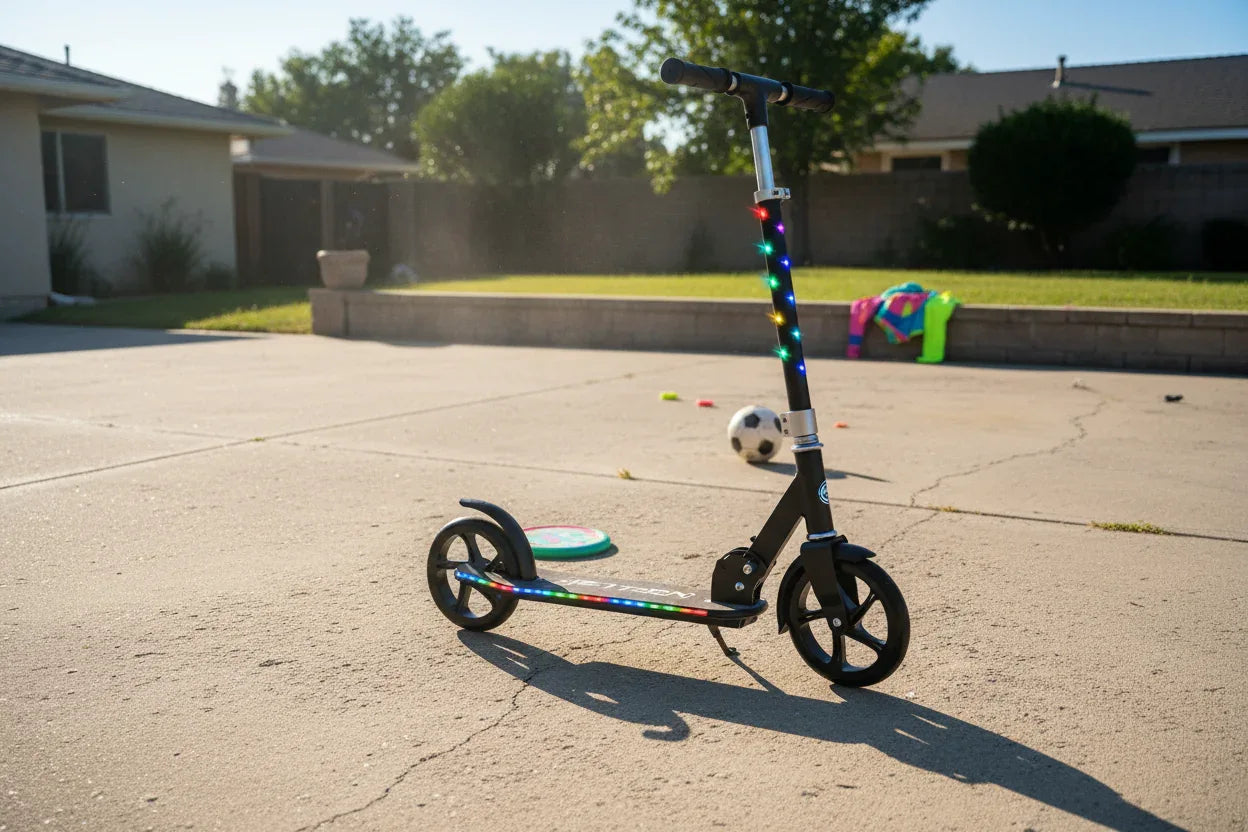 Jetson Jupiter Jumbo kick scooter on sunlit outdoor concrete driveway action play setting
