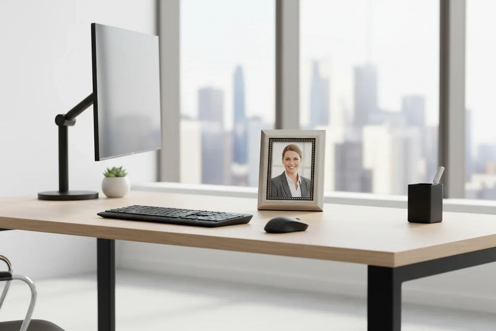 Sophisticated silver beaded portrait frame displayed on a modern office desk