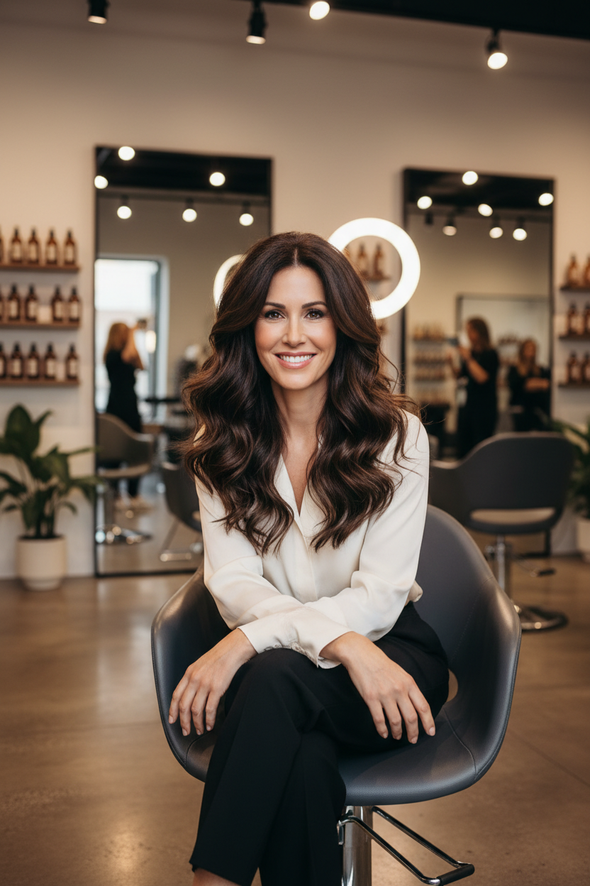 Confident woman in her 40s with thick voluminous hair sitting in modern salon chair professional lighting lifestyle photo