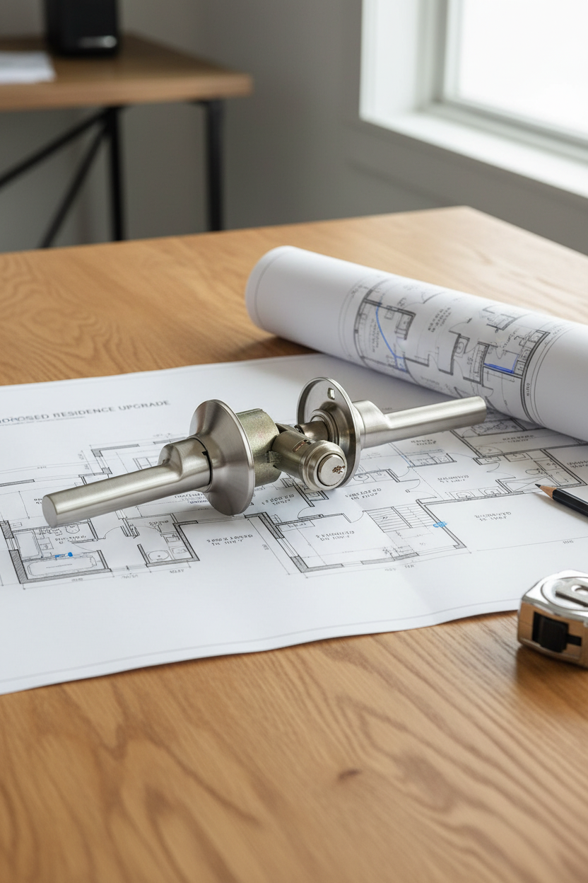 Schlage Broadway Satin Nickel lever next to architect floor plans on oak wood tabletop home renovation context