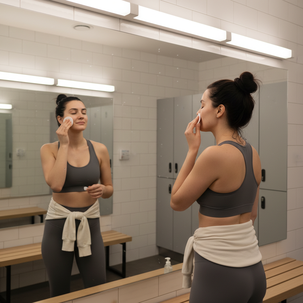 Woman refreshing her face with a cotton pad at a gym locker room mirror after a workout