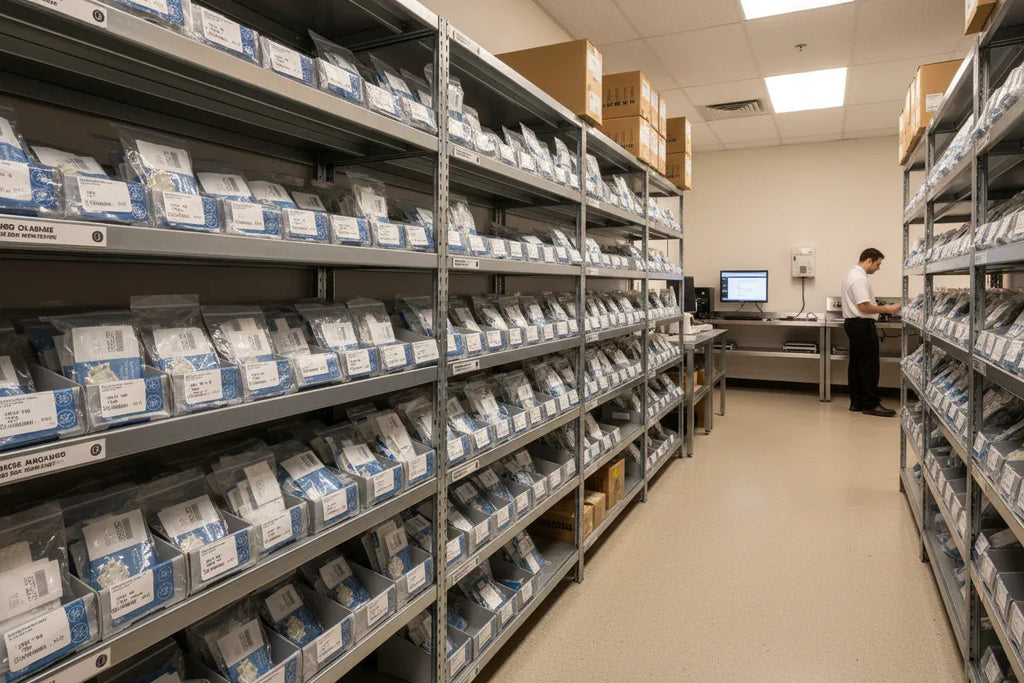 Organized workshop shelving holding genuine replacement appliance components in sealed packages