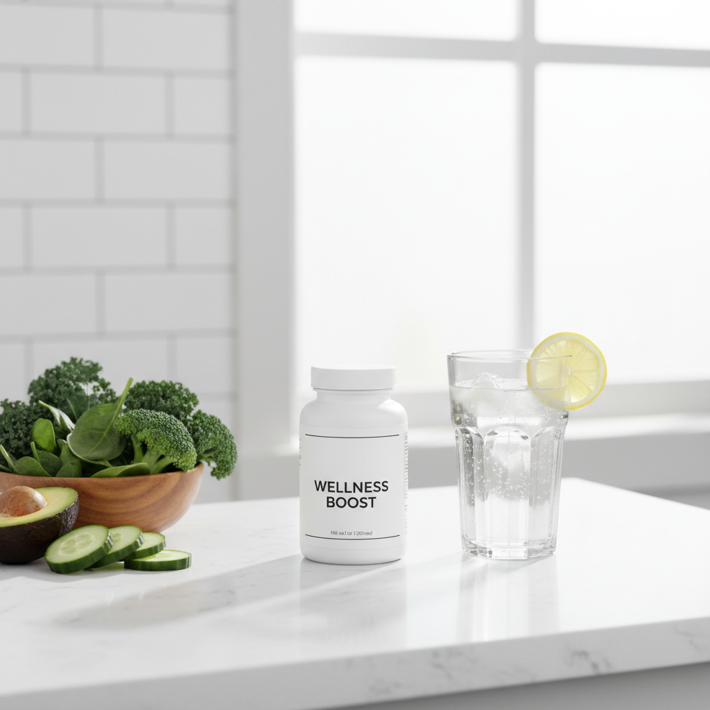 Clean wellness countertop with white supplement bottle, glass of water, and fresh whole food ingredients