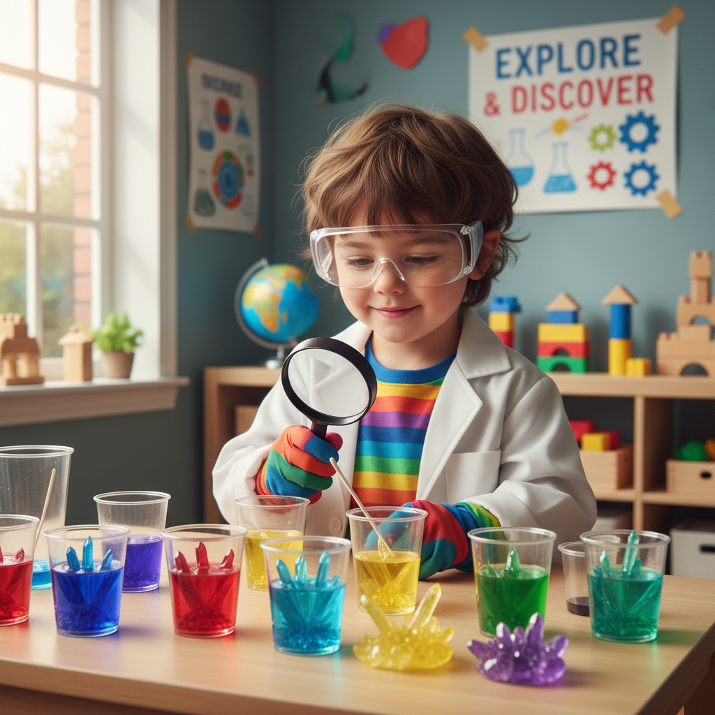 Child wearing safety goggles growing colorful crystals — My First Mind Blowing Science Kit experiment — More4less Outlet