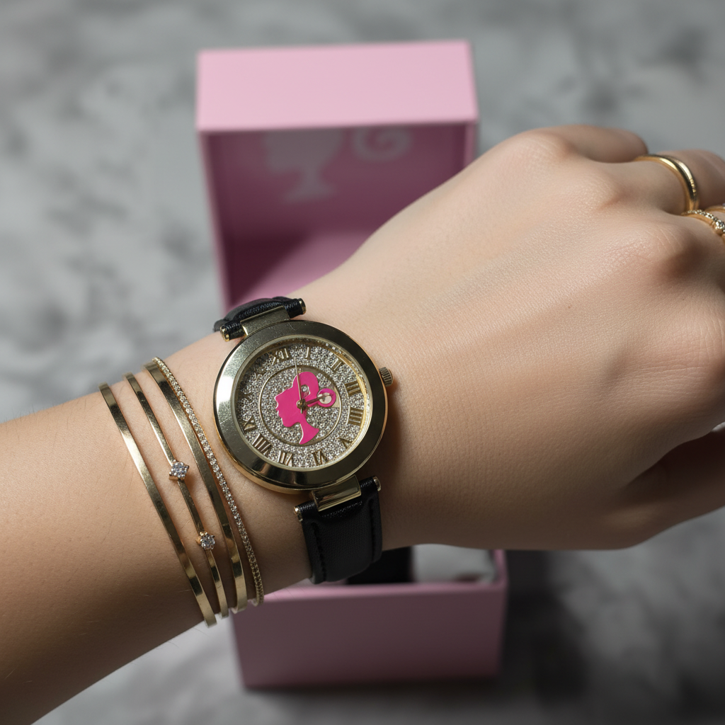Close-up of woman's wrist with gold-tone Barbie crystal dial watch on black strap with gold stacking rings