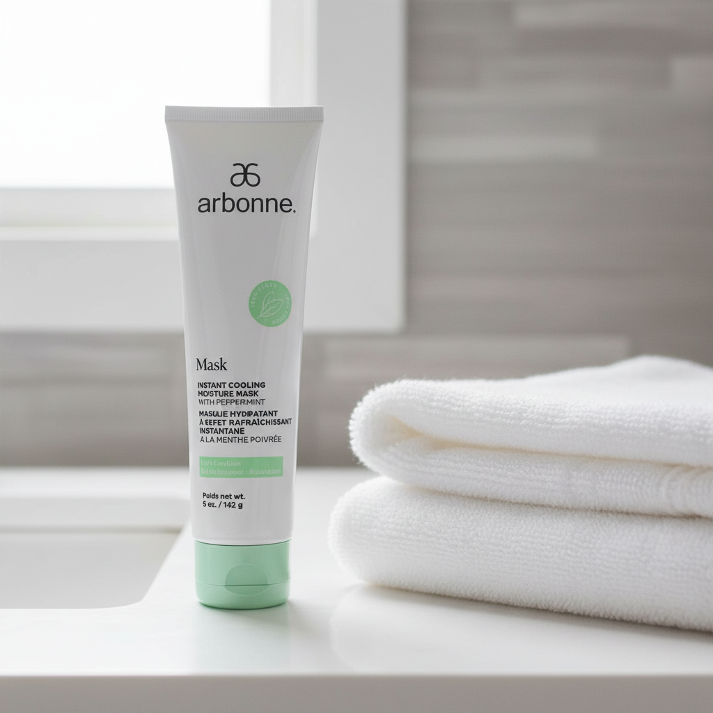 Arbonne Instant Cooling Moisture Mask with Peppermint 5 oz tube on a clean bathroom vanity beside folded towels