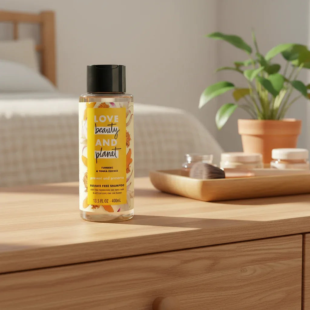 Love Beauty and Planet Turmeric & Tonka Shampoo bottle on light-oak dresser in morning sunlight next to wooden cosmetics tray and fresh houseplant
