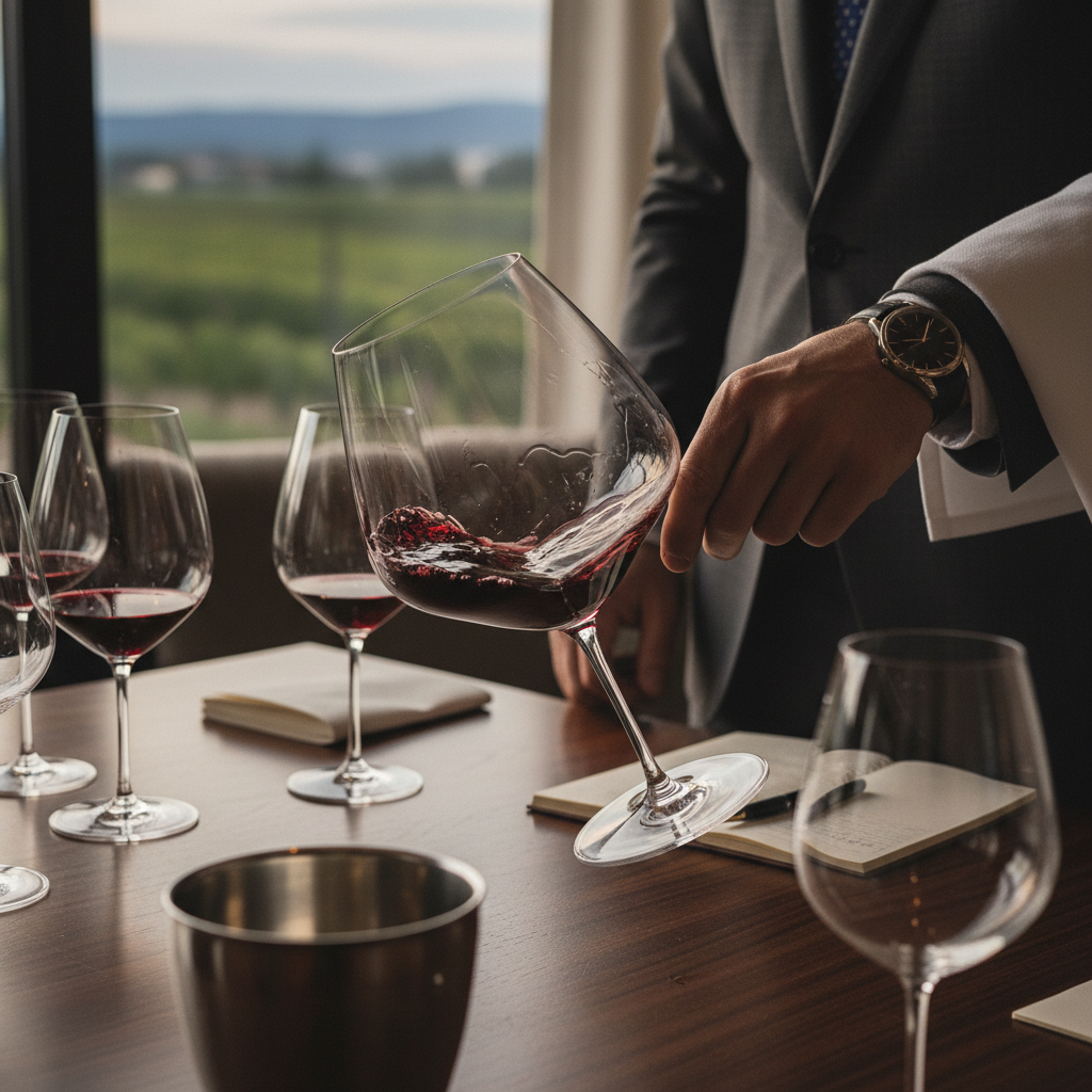 Sommelier gently swirling red wine in a large flat-bottom crystal glass at an upscale tasting table