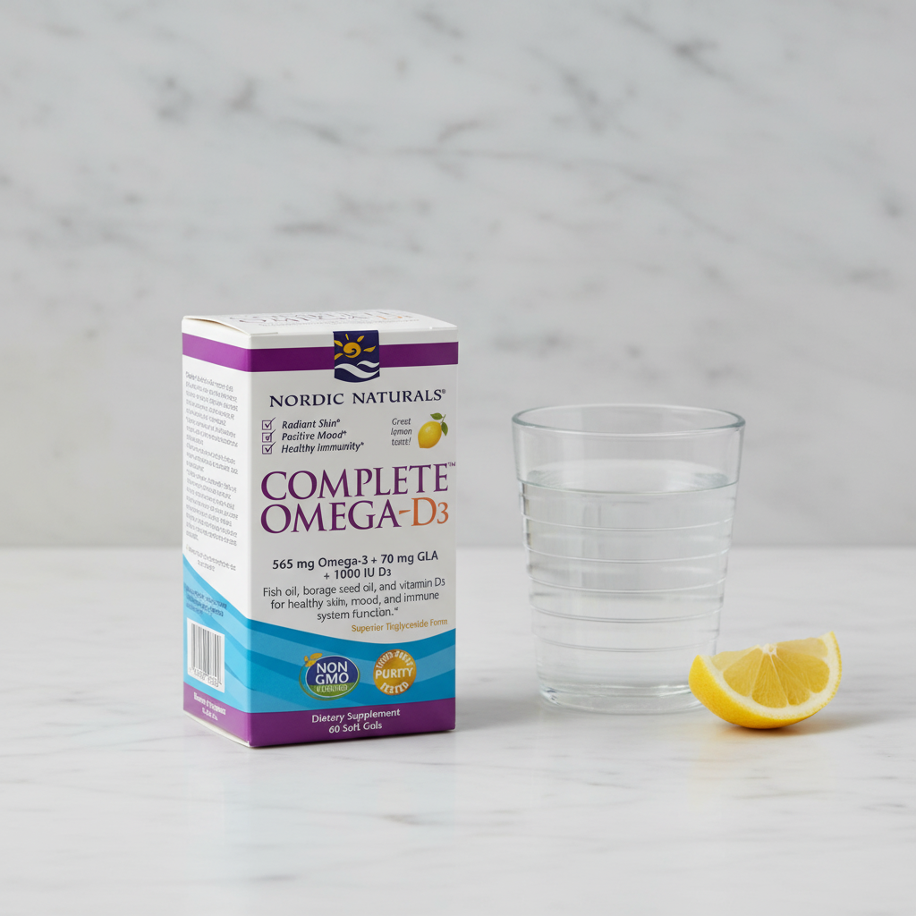 AI-generated contextual image of Nordic Naturals Complete Omega-D3 package beside water and lemon on a neutral wellness surface