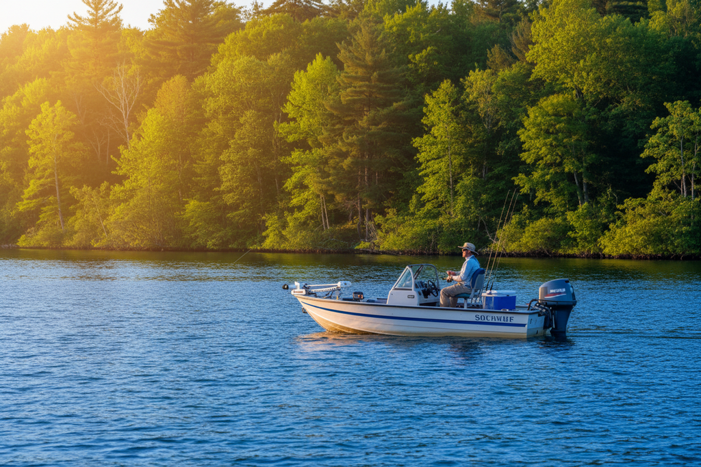 Lifestyle — recreational fishing boat on calm blue lake water at golden hour with lush green shoreline — peaceful boating lifestyle editorial for visual context only