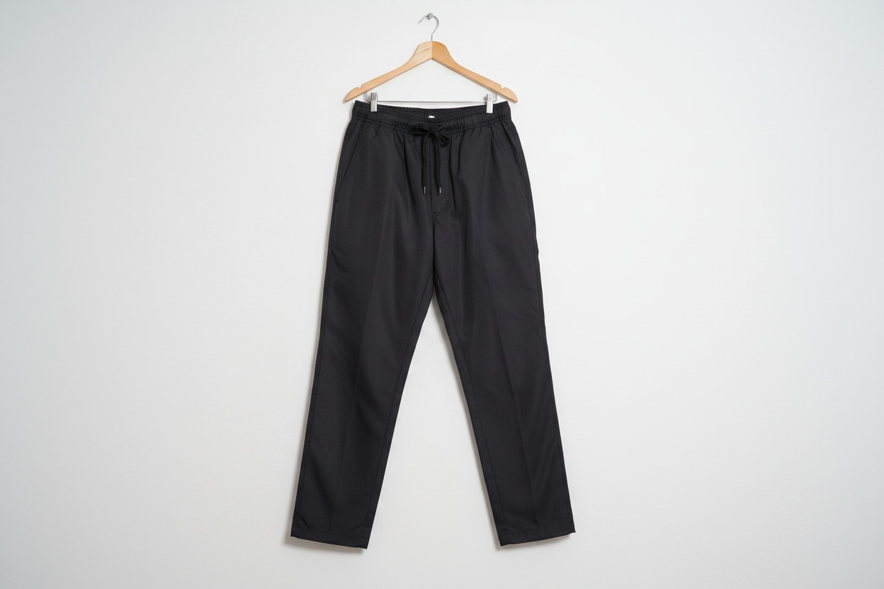 Chef Works black culinary pants size medium hanging on wooden hanger showing drawstring waist and straight leg – More4less Outlet
