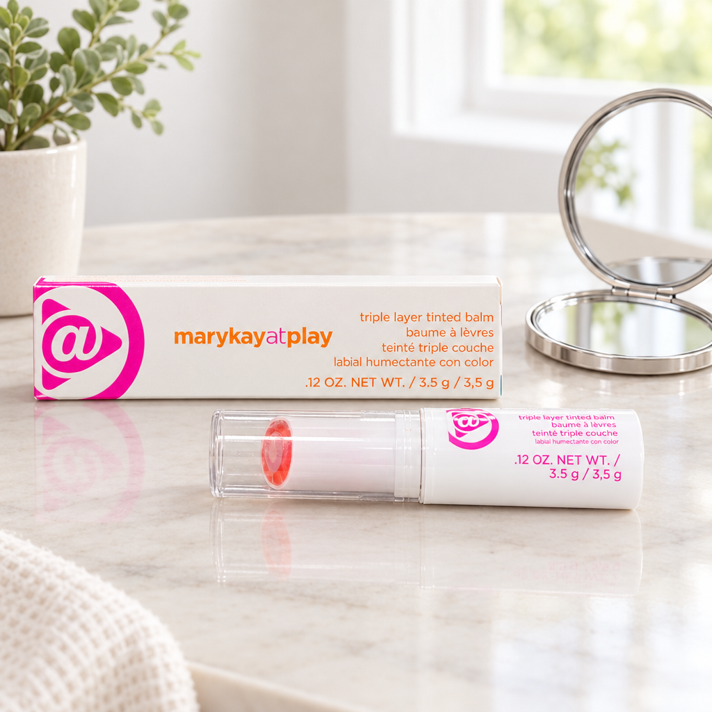 Mary Kay at Play Triple Layer Tinted Balm tube and box beside a compact mirror on a vanity