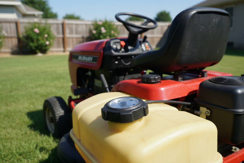 Stens 125-260 fuel cap with Kelch gauge installed on Murray lawn tractor fuel tank in suburban backyard - More4less Outlet
