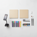 Flat lay overhead of all Cupixel x Artsmith Home Decor Set contents including two wood panels, eight acrylic paint markers, five paint tubes, brushes, device stand, pencil, eraser, and black marker on a white surface.