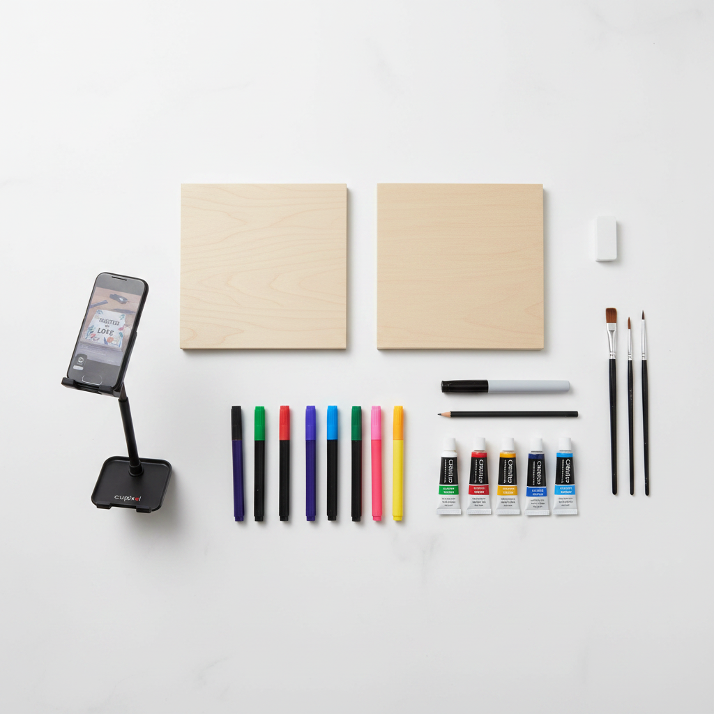 Flat lay overhead of all Cupixel x Artsmith Home Decor Set contents including two wood panels, eight acrylic paint markers, five paint tubes, brushes, device stand, pencil, eraser, and black marker on a white surface.
