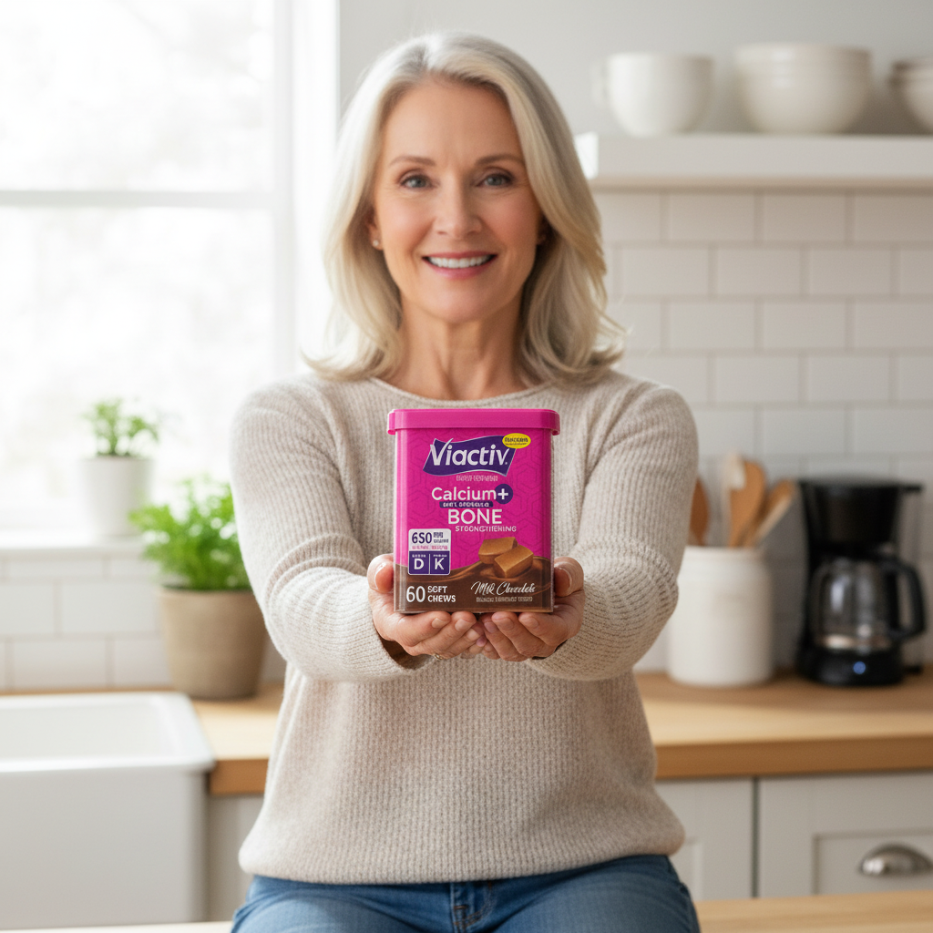 Woman holding Viactiv Calcium+ Max Formula 60 soft chews container in a bright home kitchen