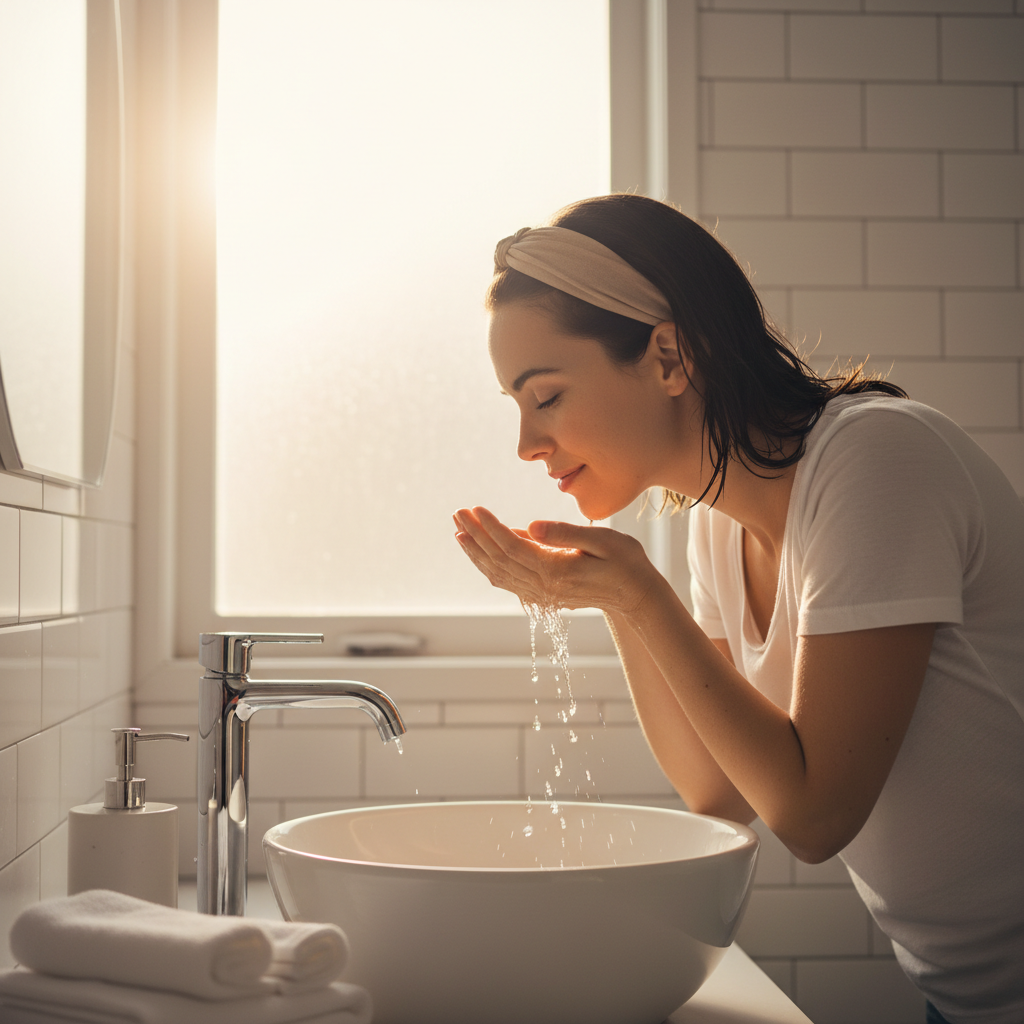 Woman rinsing her face with warm water at a bathroom sink in soft morning light, refreshing skincare moment