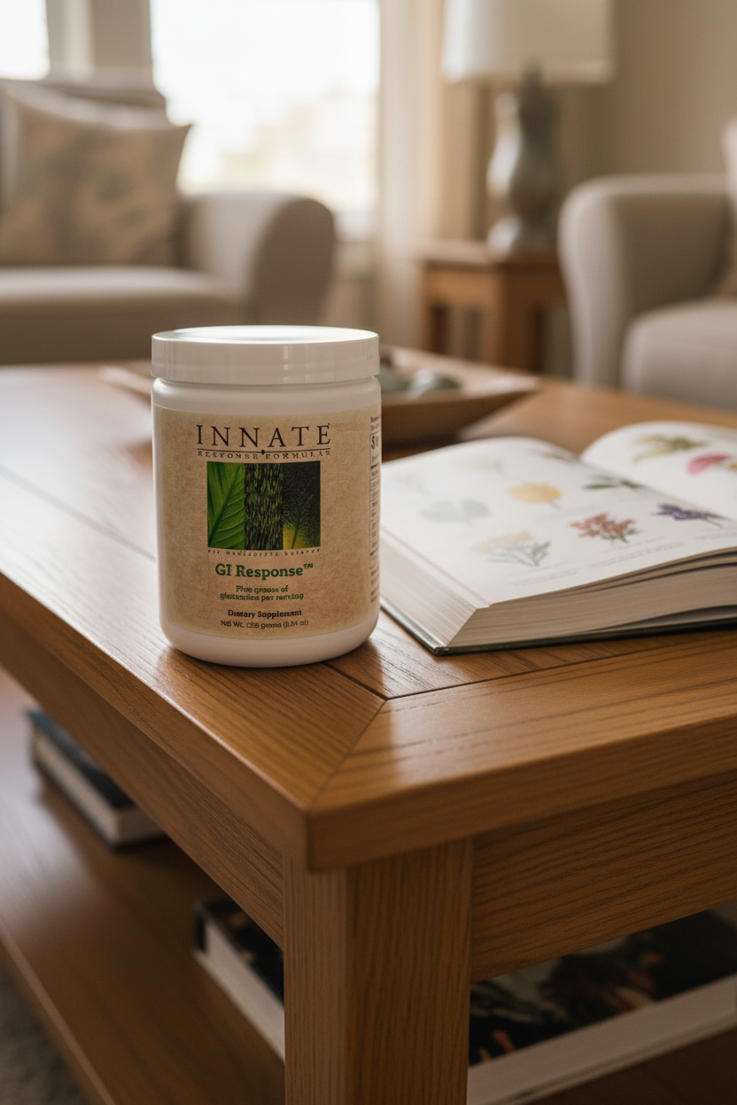 Innate Response GI Response powder jar on oak coffee table beside open botanical wellness book