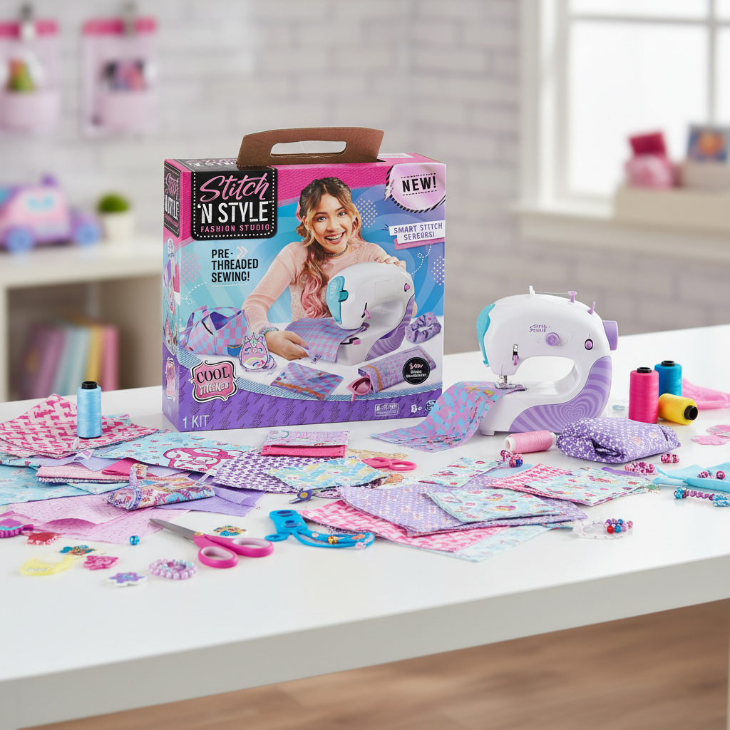 Cool Maker Stitch N Style Fashion Studio sewing machine by Spin Master on a bright crafting desk with colorful fabric swatches, thread spools, and fashion accessories – More4less Outlet