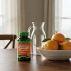 Nature's Truth Liposomal Vitamin C 1650mg bottle on dark oak breakfast table with fresh oranges and glass carafe of water