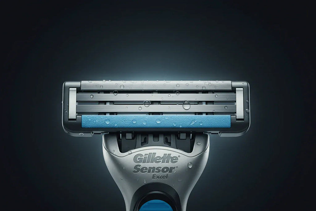 Gillette Sensor Excel twin-blade close-up hero shot showing microfins and chrome-coated blades