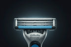 Gillette Sensor Excel twin-blade close-up hero shot showing microfins and chrome-coated blades