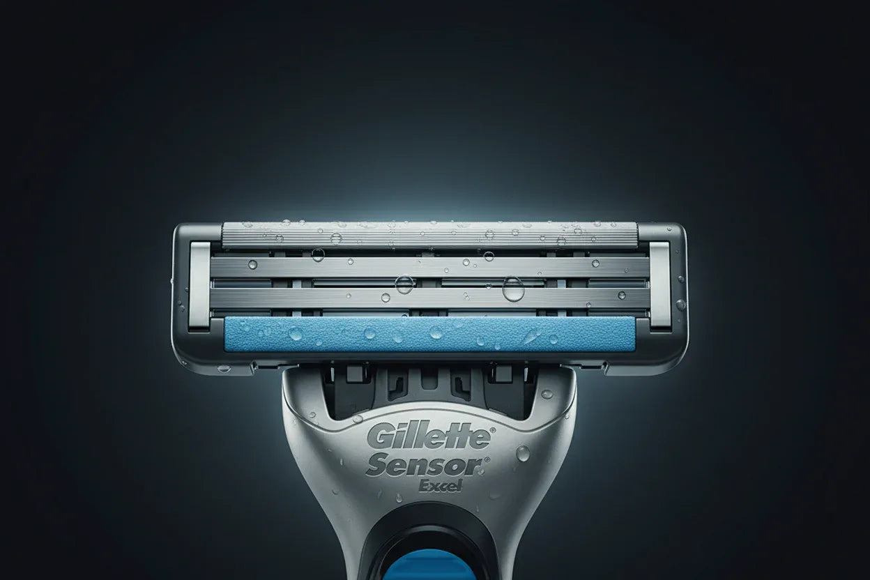 Gillette Sensor Excel twin-blade close-up hero shot showing microfins and chrome-coated blades