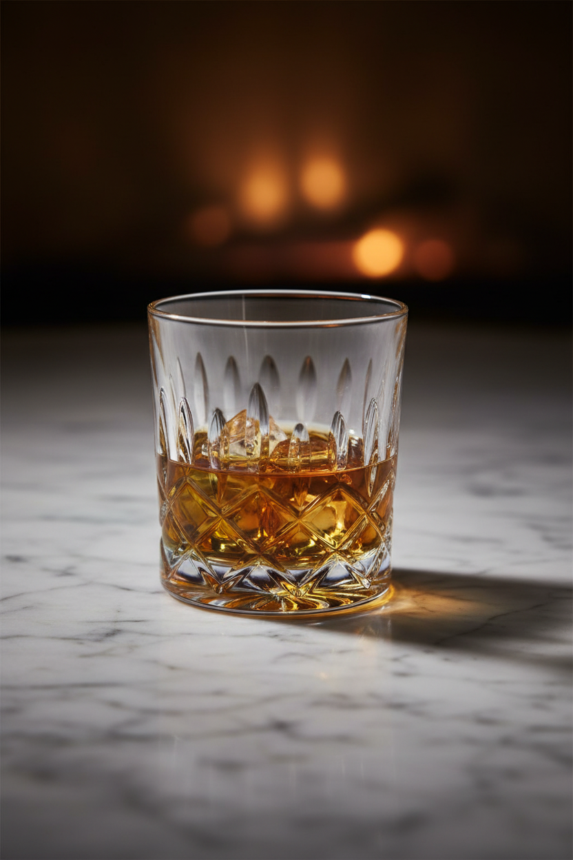 Amber single malt whisky in a Riedel Spey cut-crystal tumbler on marble surface with warm moody lighting
