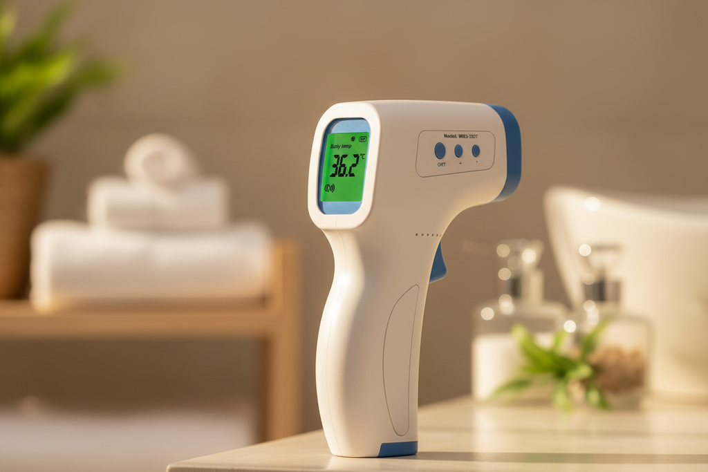 Macro view of Wiselion WBS-T007 white infrared thermometer in natural sunlight with blurred spa background