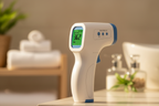 Macro view of Wiselion WBS-T007 white infrared thermometer in natural sunlight with blurred spa background