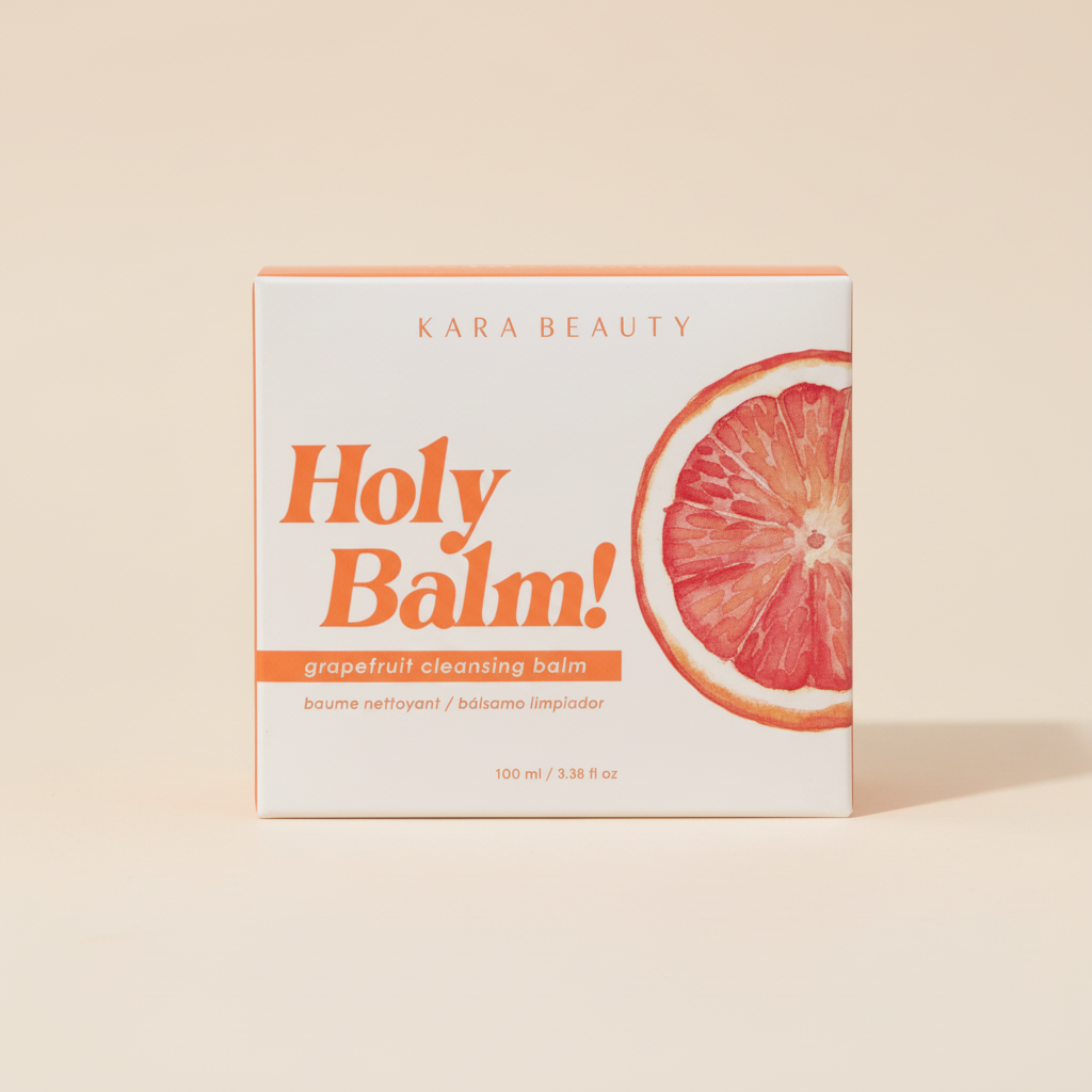 Kara Beauty Holy Balm grapefruit cleansing balm box on a warm-white studio background