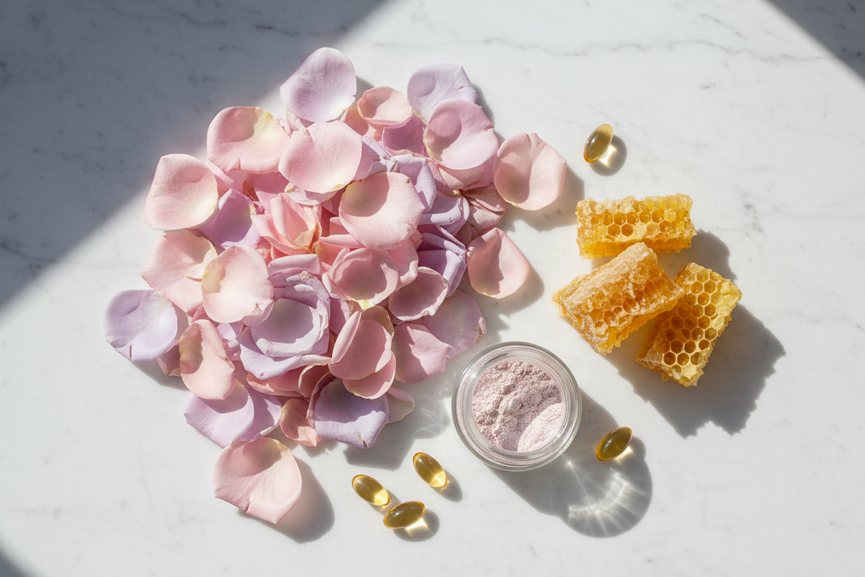 Pink lavender rose petals mica shimmer powder beeswax honeycomb and vitamin E capsules flat lay botanical makeup ingredients lifestyle photo