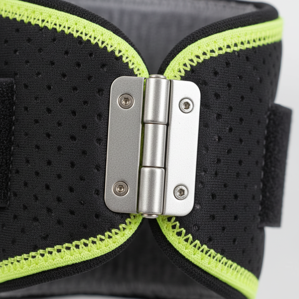 Macro close-up bilateral metal hinge DonJoy knee brace perforated neoprene neon yellow-green trim — More4less Outlet