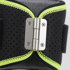 Macro close-up bilateral metal hinge DonJoy knee brace perforated neoprene neon yellow-green trim — More4less Outlet