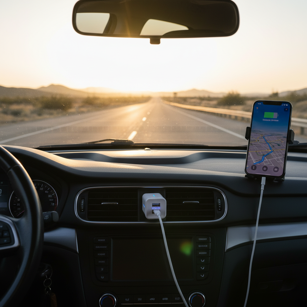 Road trip scene with white Case Logic Dual USB Car Charger charging iPhone via Lightning cable on open highway — More4less Outlet