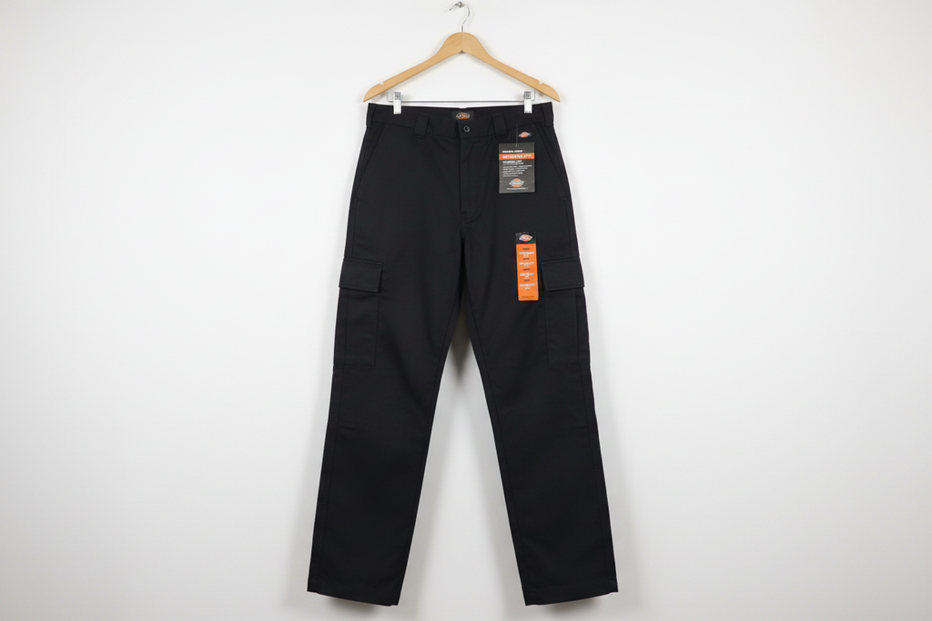 Dickies Flex Regular Fit Straight Leg Cargo Pant black 40x32 hanging on wooden hanger showing cargo pockets and belt loops – More4less Outlet