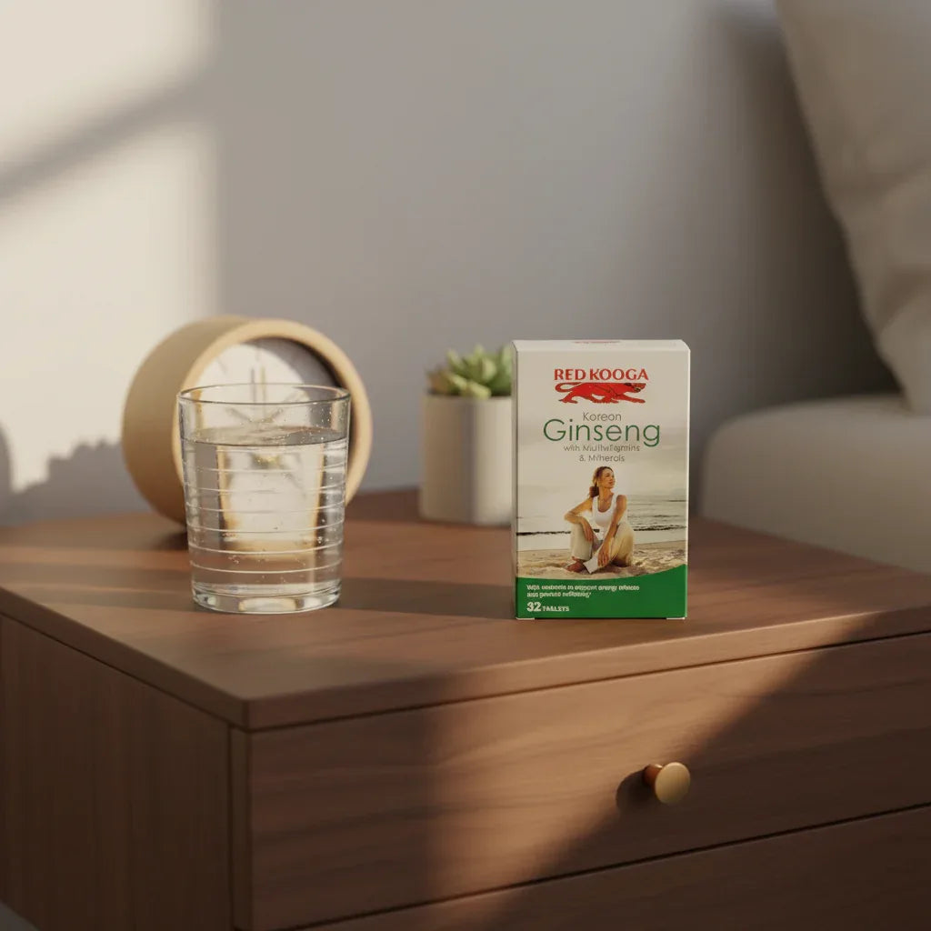 Red Kooga Korean Ginseng Multivitamin box on dark-wood bedside table with glass of fresh water and natural morning alarm clock