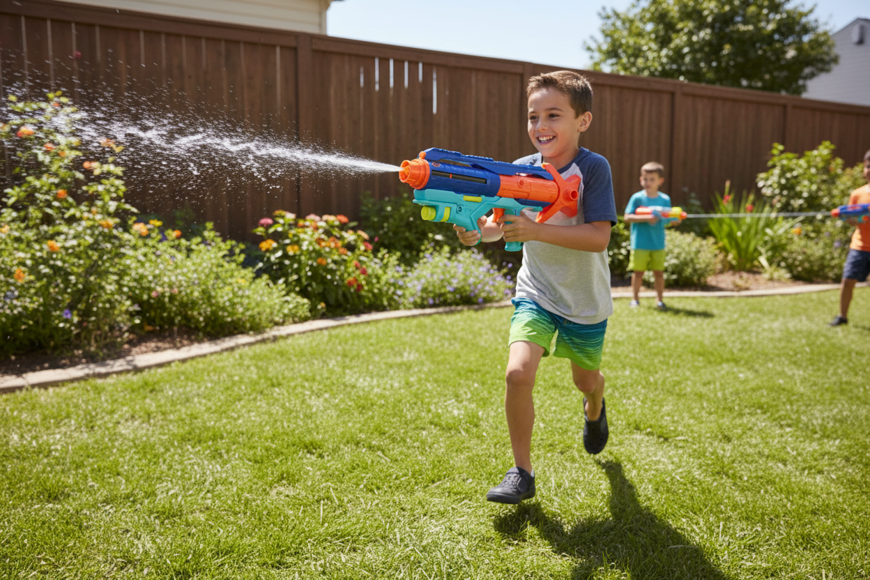 Nerf Super Soaker Power Drench kid firing water blaster on sunny backyard lawn