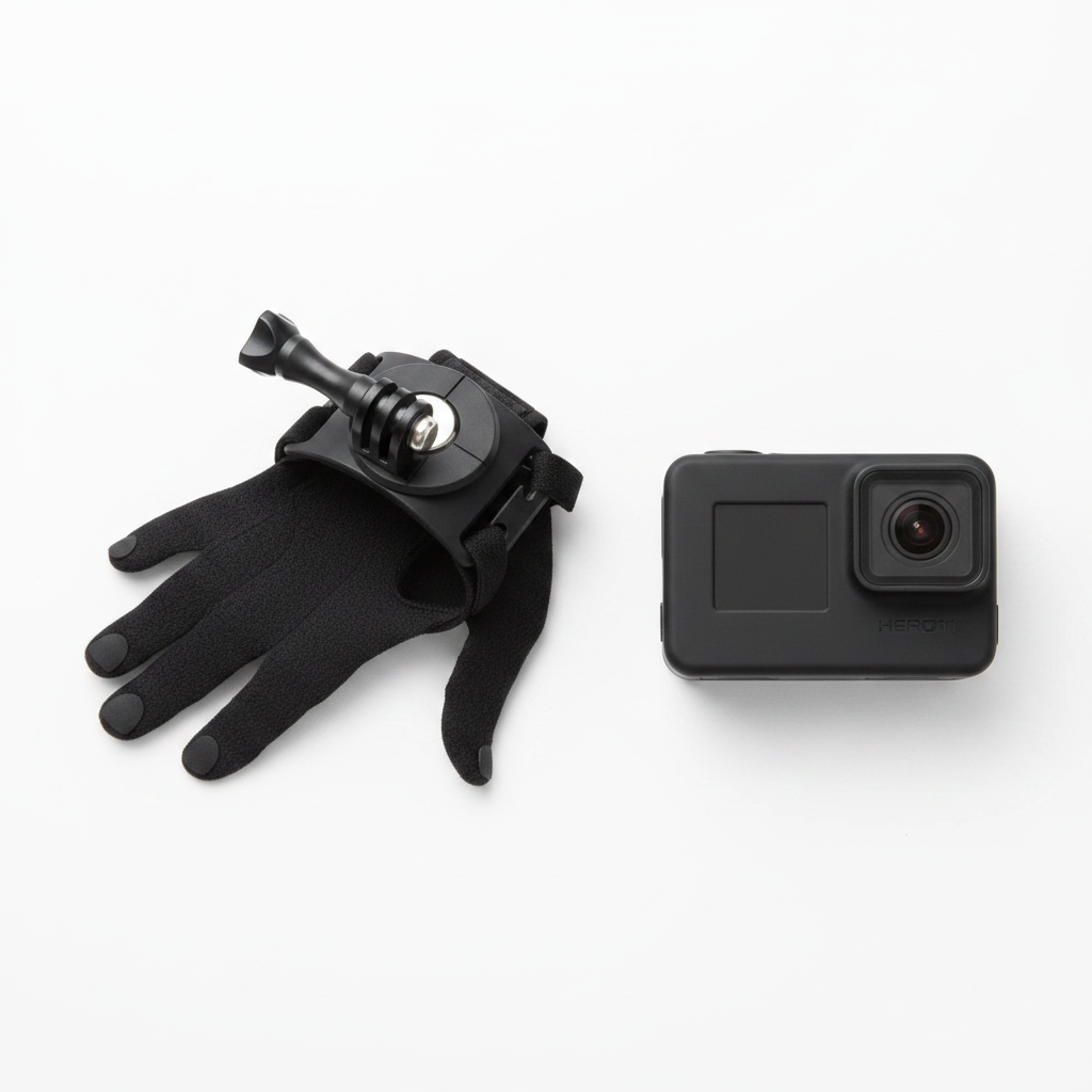 GoPro Hand + Wrist Strap black rotating mount on white surface next to GoPro HERO camera – More4less Outlet