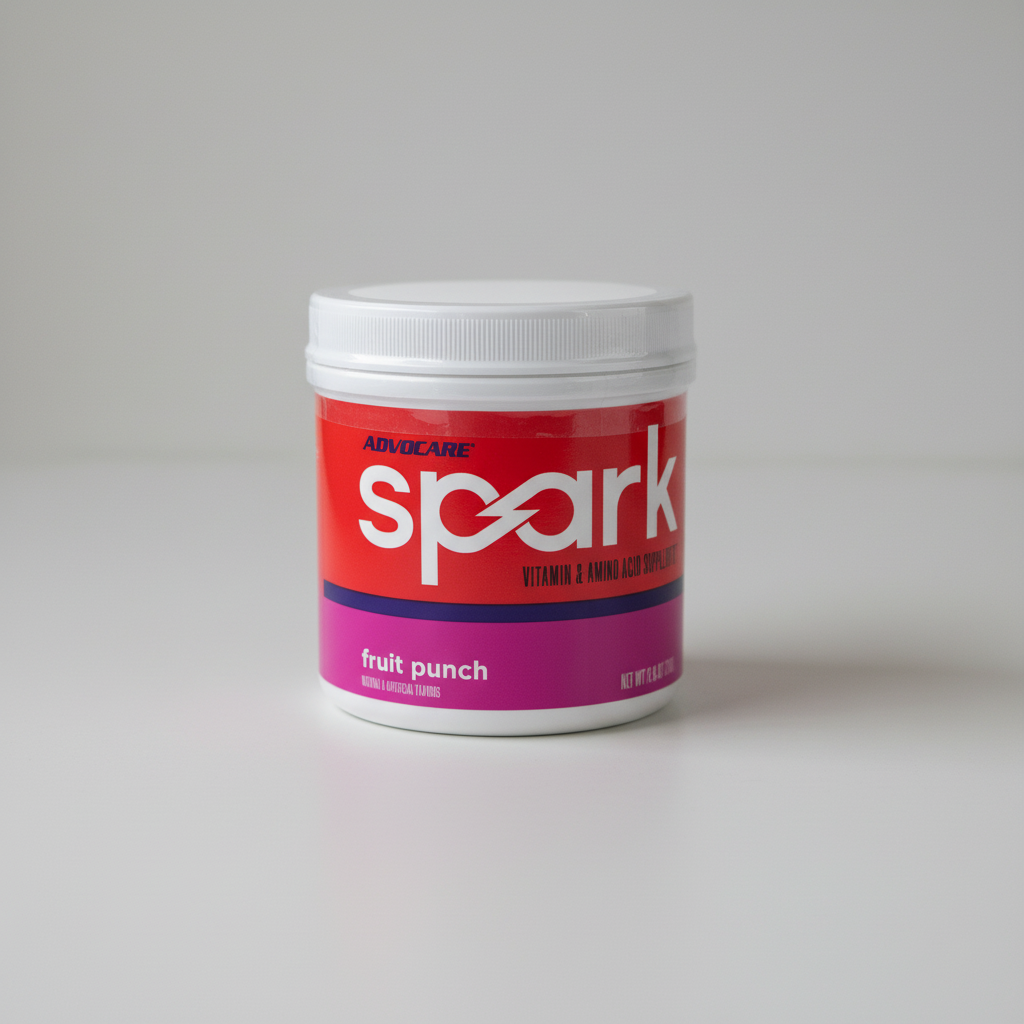 AI-generated illustration of AdvoCare Spark Fruit Punch drink mix canister
