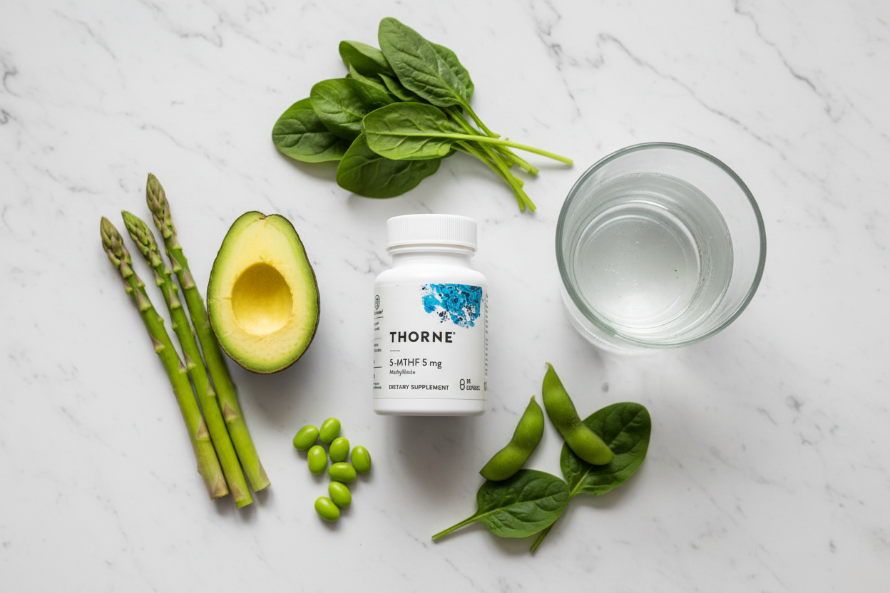 White supplement bottle on marble next to spinach, asparagus, and glass of water, folate wellness aesthetic