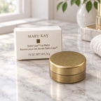 AI-generated lifestyle photo of the Mary Kay Satin Lips Lip Balm jar and its retail box on a marble vanity